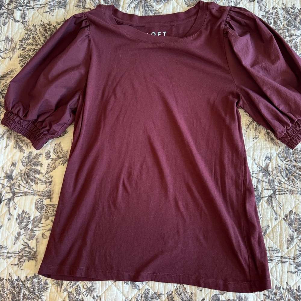 Loft Burgundy Puff Sleeve Top